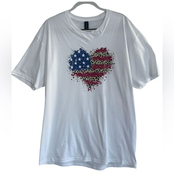 White T-Shirt with American Flag Heart Design Size: XLG Color: Red/White/Blue - Picture 2 of 5